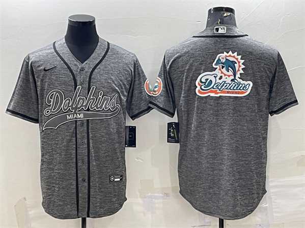 Men%27s Miami Dolphins Gray Team Big Logo With Patch Cool Base Stitched Baseball Jersey